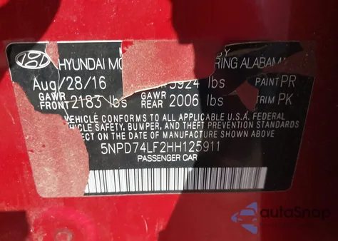 2017 Hyundai Elantra Se from USA, damaged, VIN 5NPD74LF2HH125911